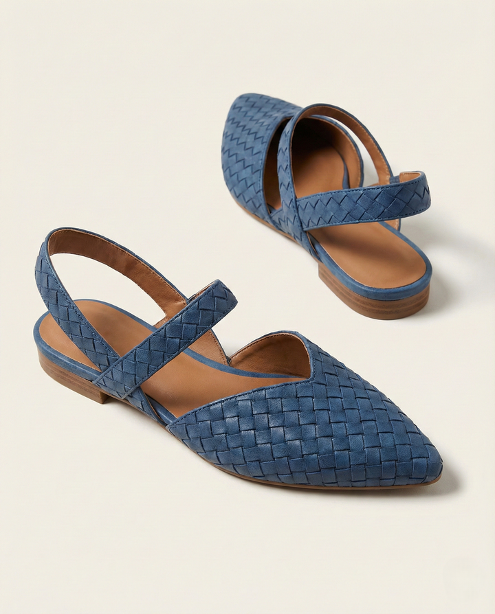 Woven Slingback Flats with Pointed Toe, Adjustable Ankle Strap and Low-Profile Sole, Brown