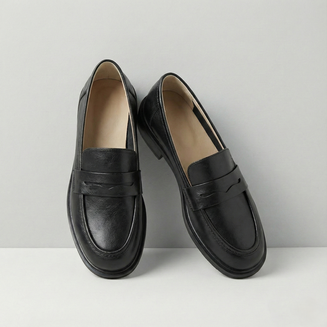 Round Toe Leather Loafers with Cushioned Support and Stacked Heel in Olive
