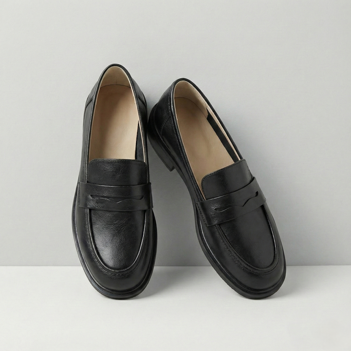 Round Toe Leather Loafers with Cushioned Support and Stacked Heel in Olive