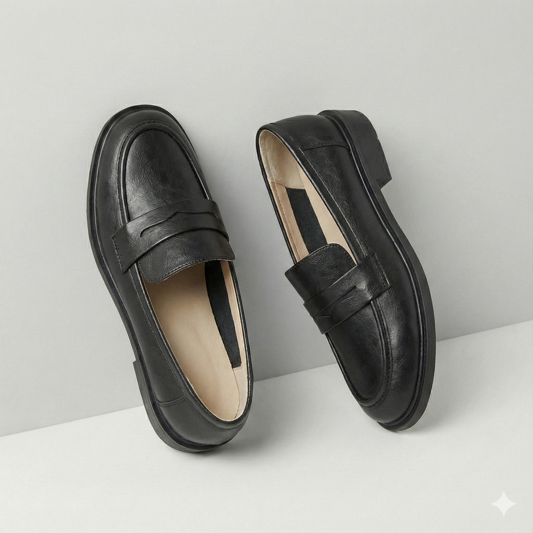Round Toe Leather Loafers with Cushioned Support and Stacked Heel in Olive