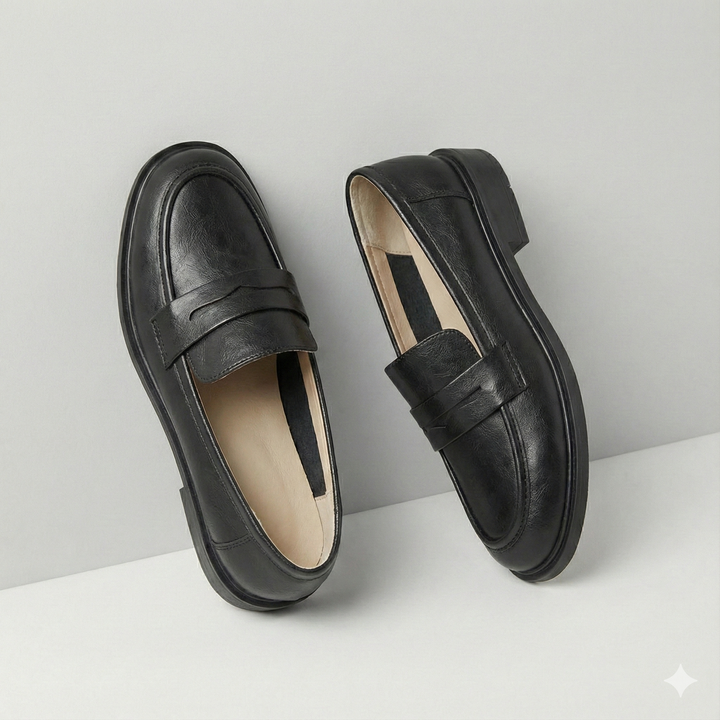 Round Toe Leather Loafers with Cushioned Support and Stacked Heel in Olive