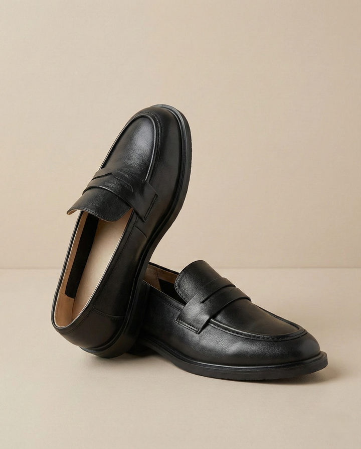 Round Toe Leather Loafers with Cushioned Support and Stacked Heel in Olive