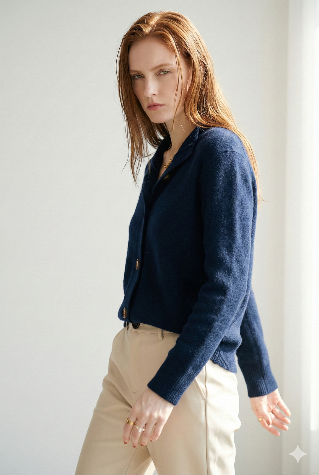 Cardigan in Cashmere Wool Blend with Statement Buttons and Flattering Half-High Neckline