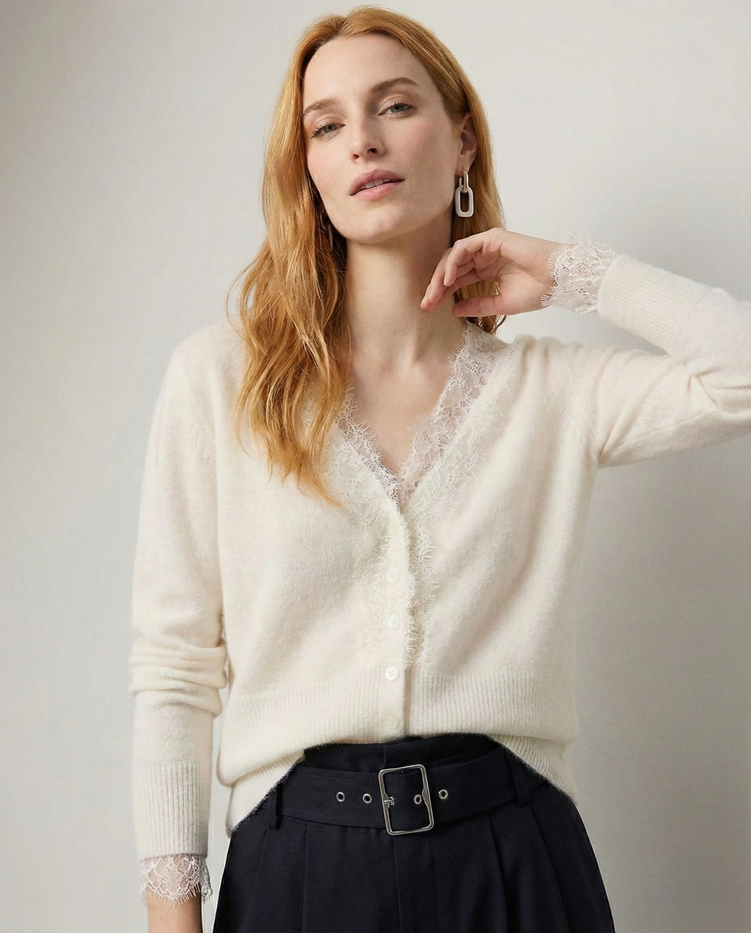 Cashmere Cardigan with Lace-Trim Detail and Relaxed Knit Fit in Khaki