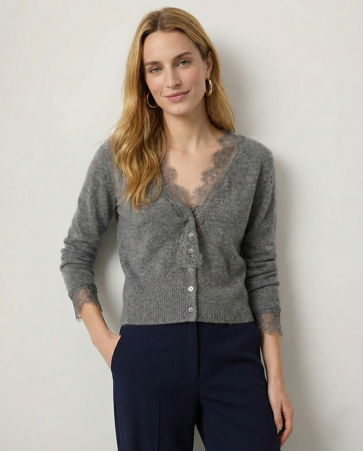 Cashmere Cardigan with Lace-Trim Detail and Relaxed Knit Fit in Khaki