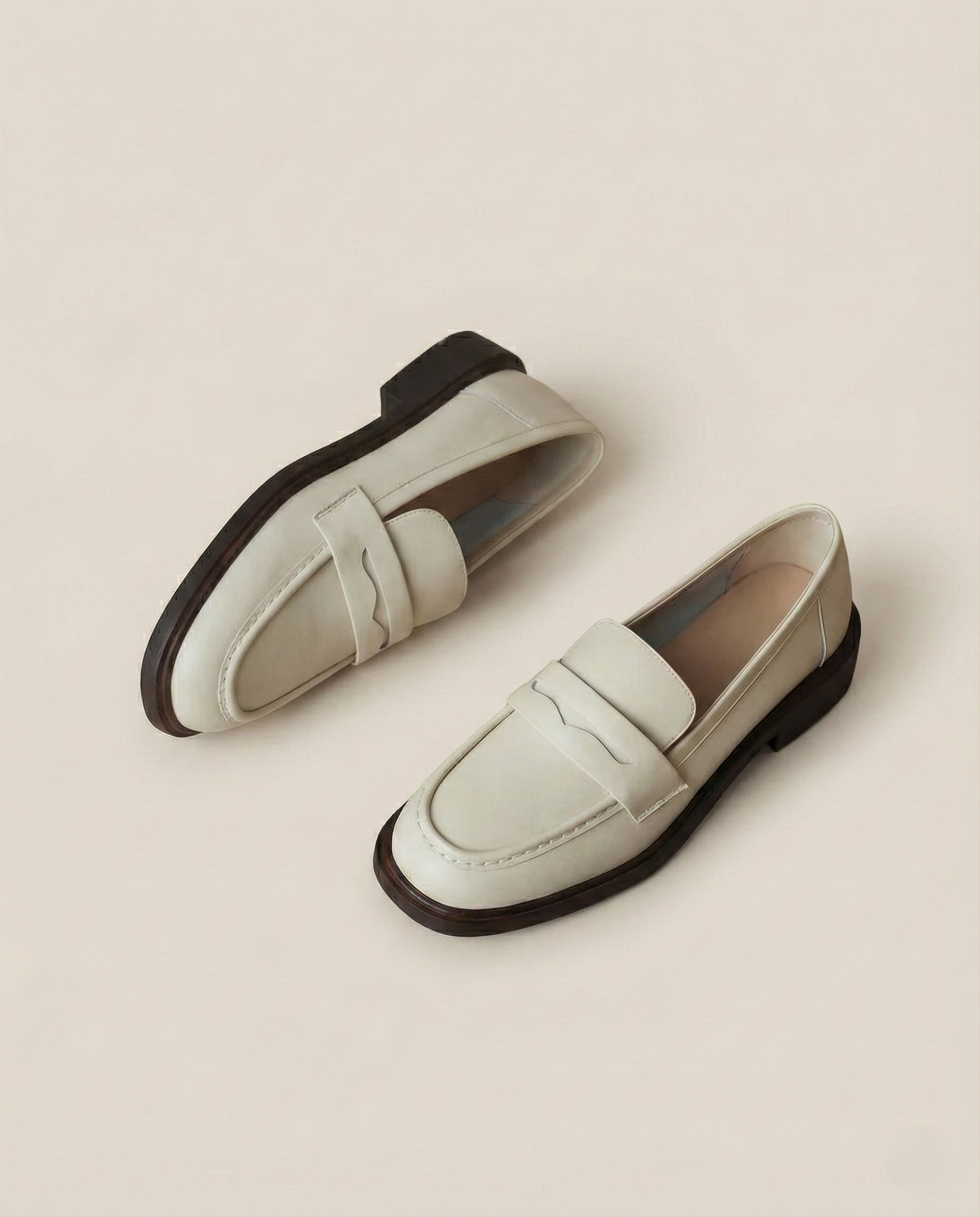 Round Toe Leather Loafers with Cushioned Support and Stacked Heel in Olive