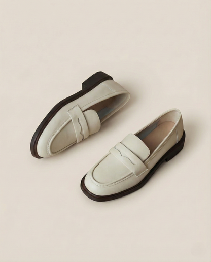 Round Toe Leather Loafers with Cushioned Support and Stacked Heel in Olive