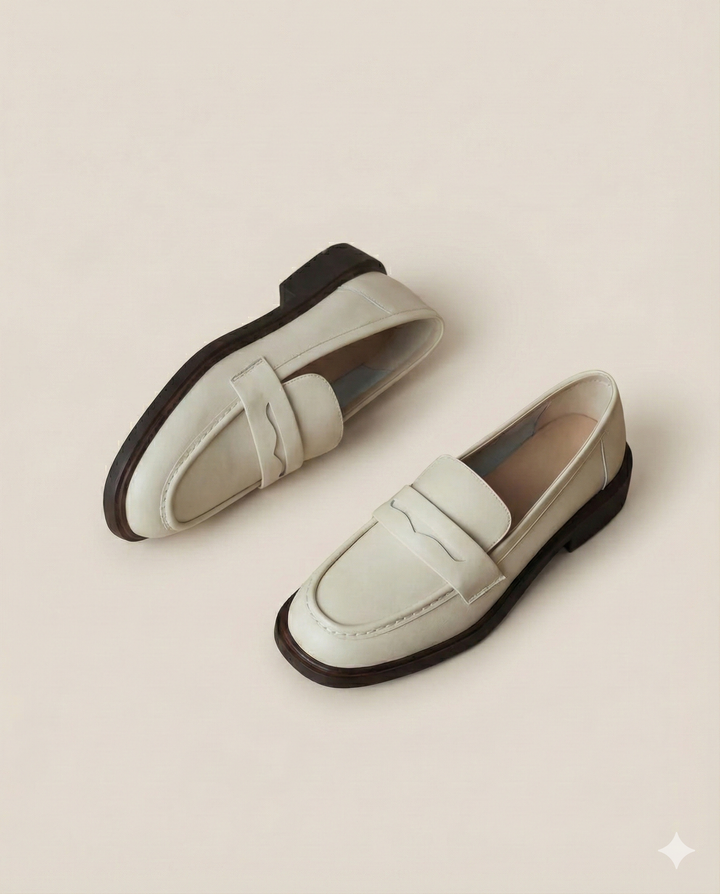 Round Toe Leather Loafers with Cushioned Support and Stacked Heel in Olive