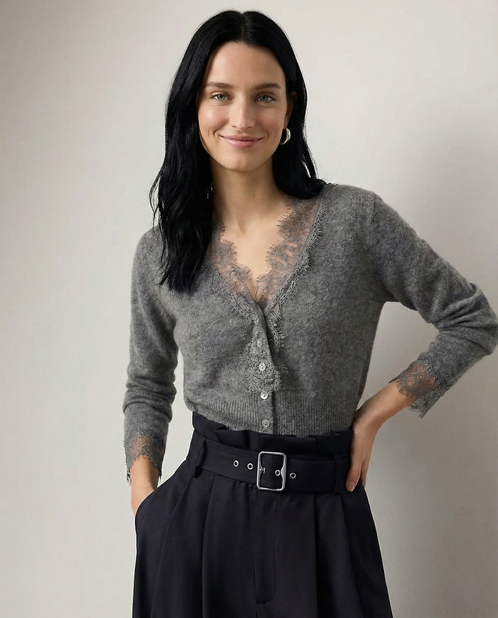 Cashmere Cardigan with Lace-Trim Detail and Relaxed Knit Fit in Khaki