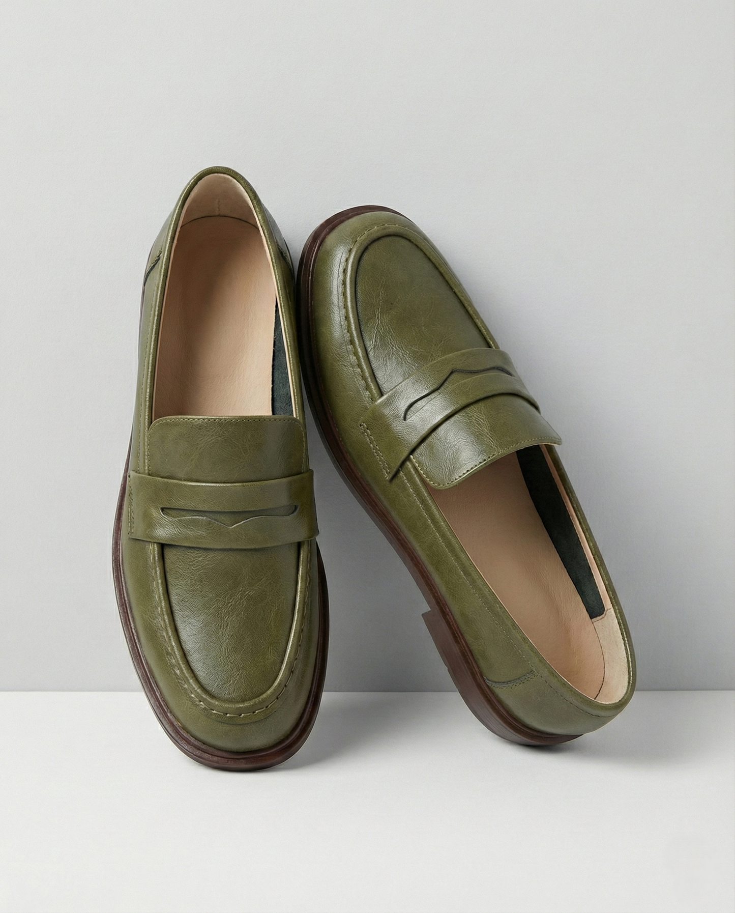 Round Toe Leather Loafers with Cushioned Support and Stacked Heel in Olive