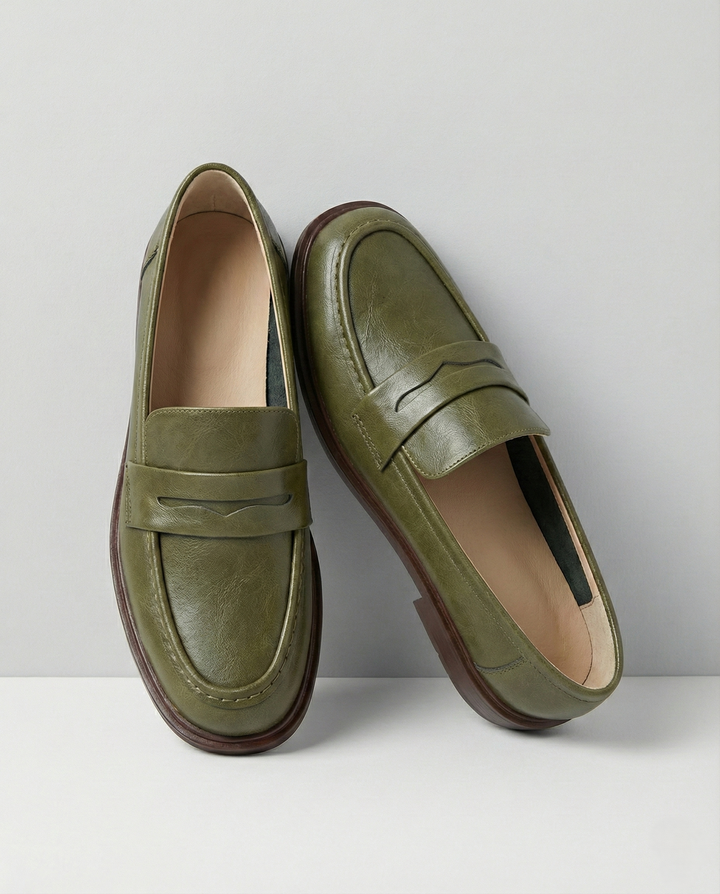 Round Toe Leather Loafers with Cushioned Support and Stacked Heel in Olive