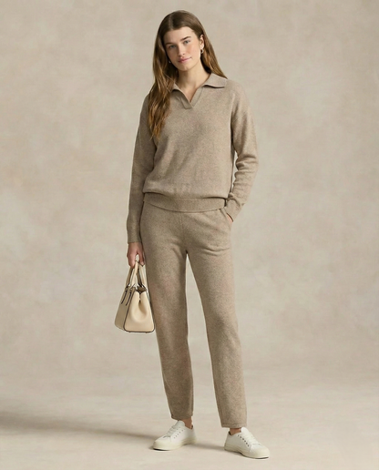 Two-Piece Polo Knit Set with Cashmere Blend Sweater and High-Waisted Harem Pants