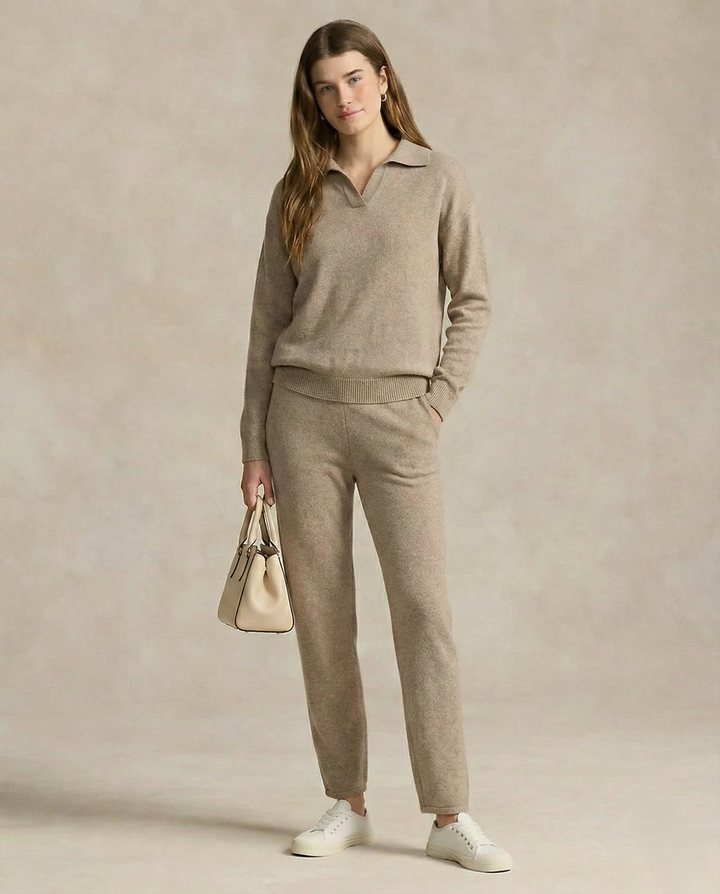 Two-Piece Polo Knit Set with Cashmere Blend Sweater and High-Waisted Harem Pants