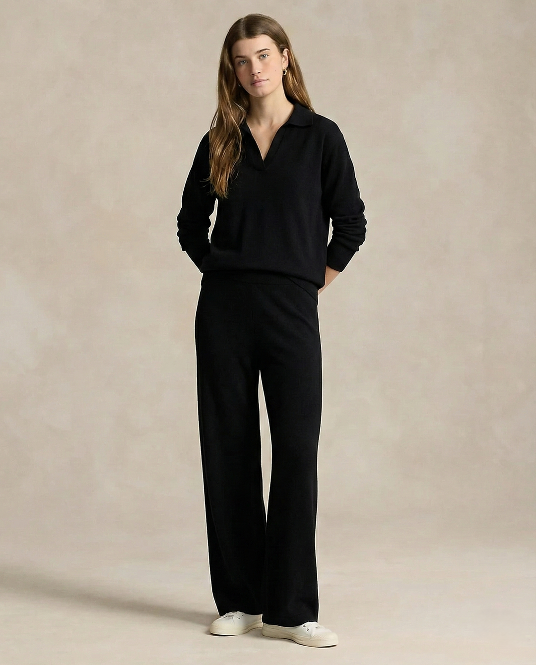 Two-Piece Polo Knit Set with Cashmere Blend Sweater and High-Waisted Harem Pants