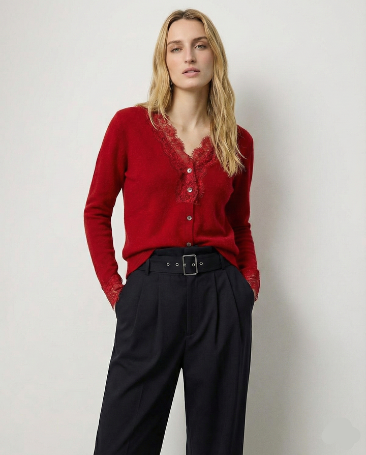 Cashmere Cardigan with Lace-Trim Detail and Relaxed Knit Fit in Khaki