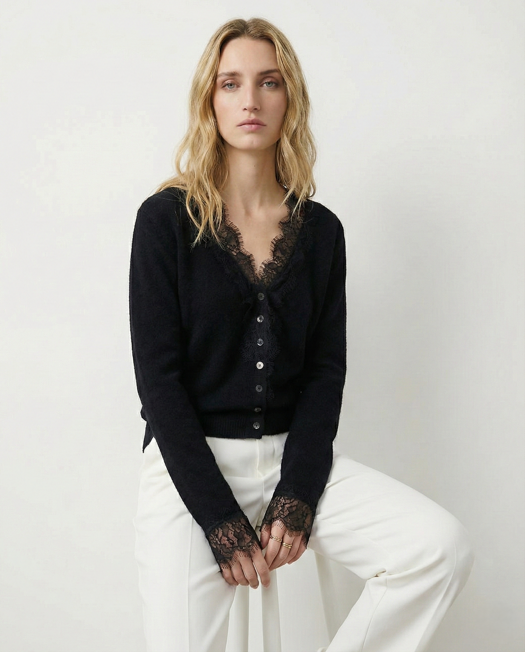 Cashmere Cardigan with Lace-Trim Detail and Relaxed Knit Fit in Khaki