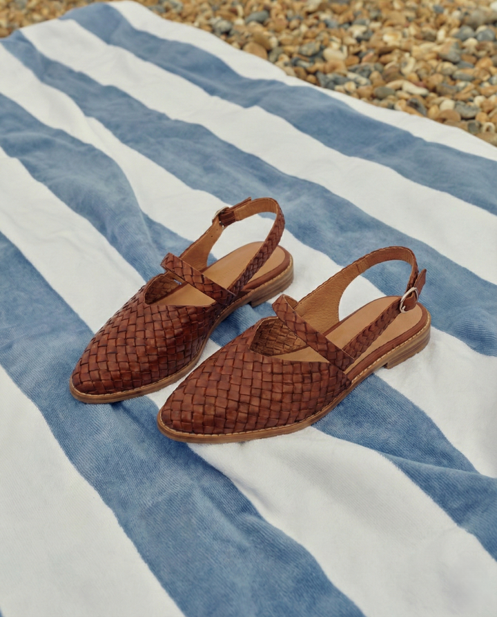 Woven Slingback Flats with Pointed Toe, Adjustable Ankle Strap and Low-Profile Sole, Brown