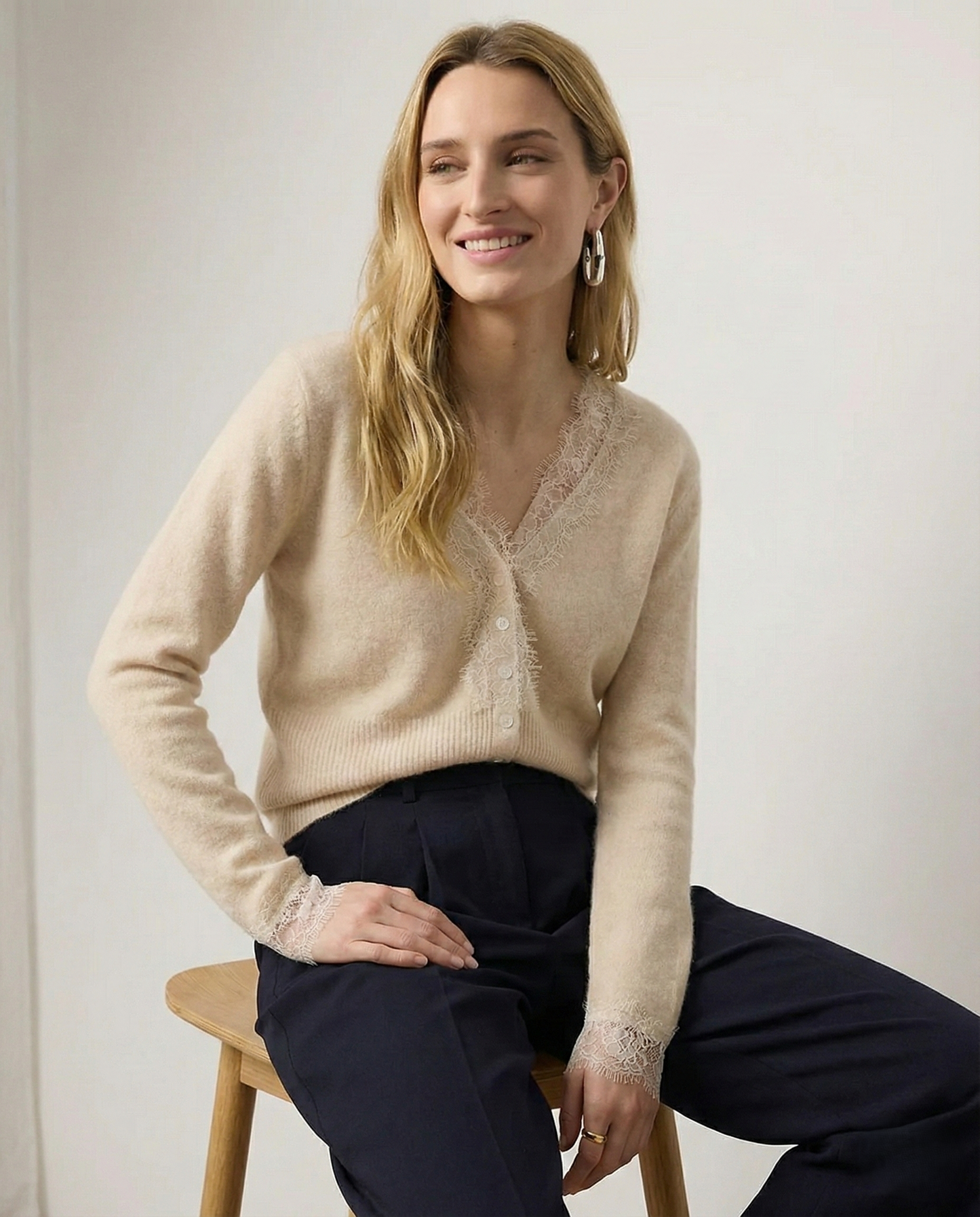 Cashmere Cardigan with Lace-Trim Detail and Relaxed Knit Fit in Khaki