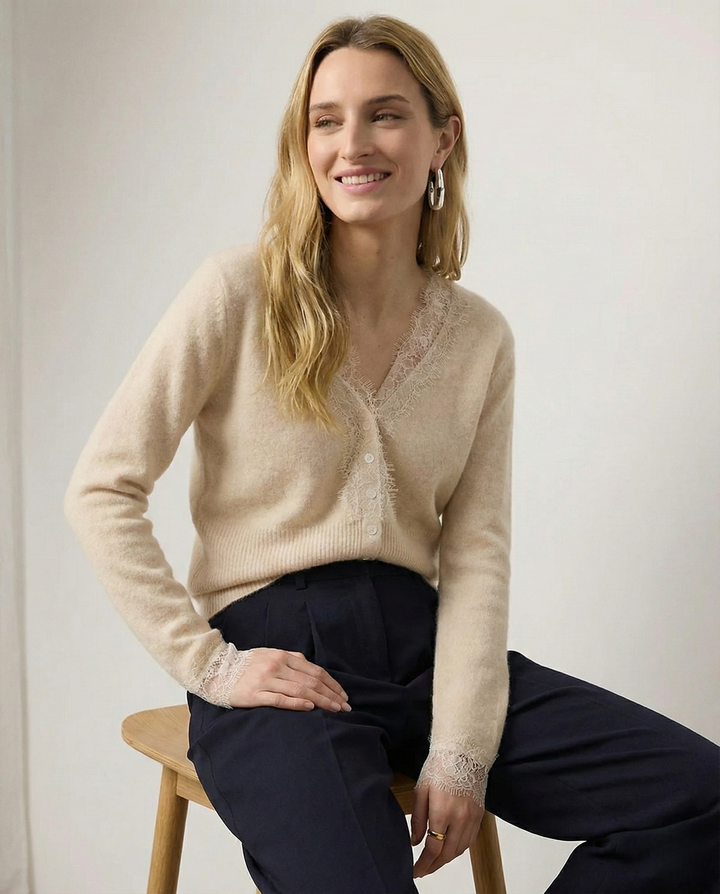 Cashmere Cardigan with Lace-Trim Detail and Relaxed Knit Fit in Khaki