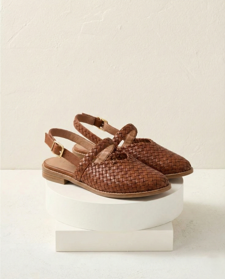 Woven Slingback Flats with Pointed Toe, Adjustable Ankle Strap and Low-Profile Sole, Brown