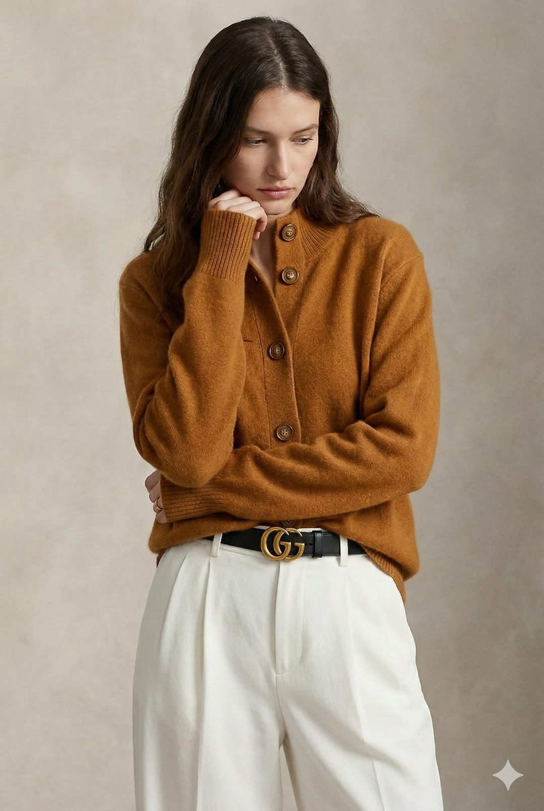 Cardigan in Cashmere Wool Blend with Statement Buttons and Flattering Half-High Neckline