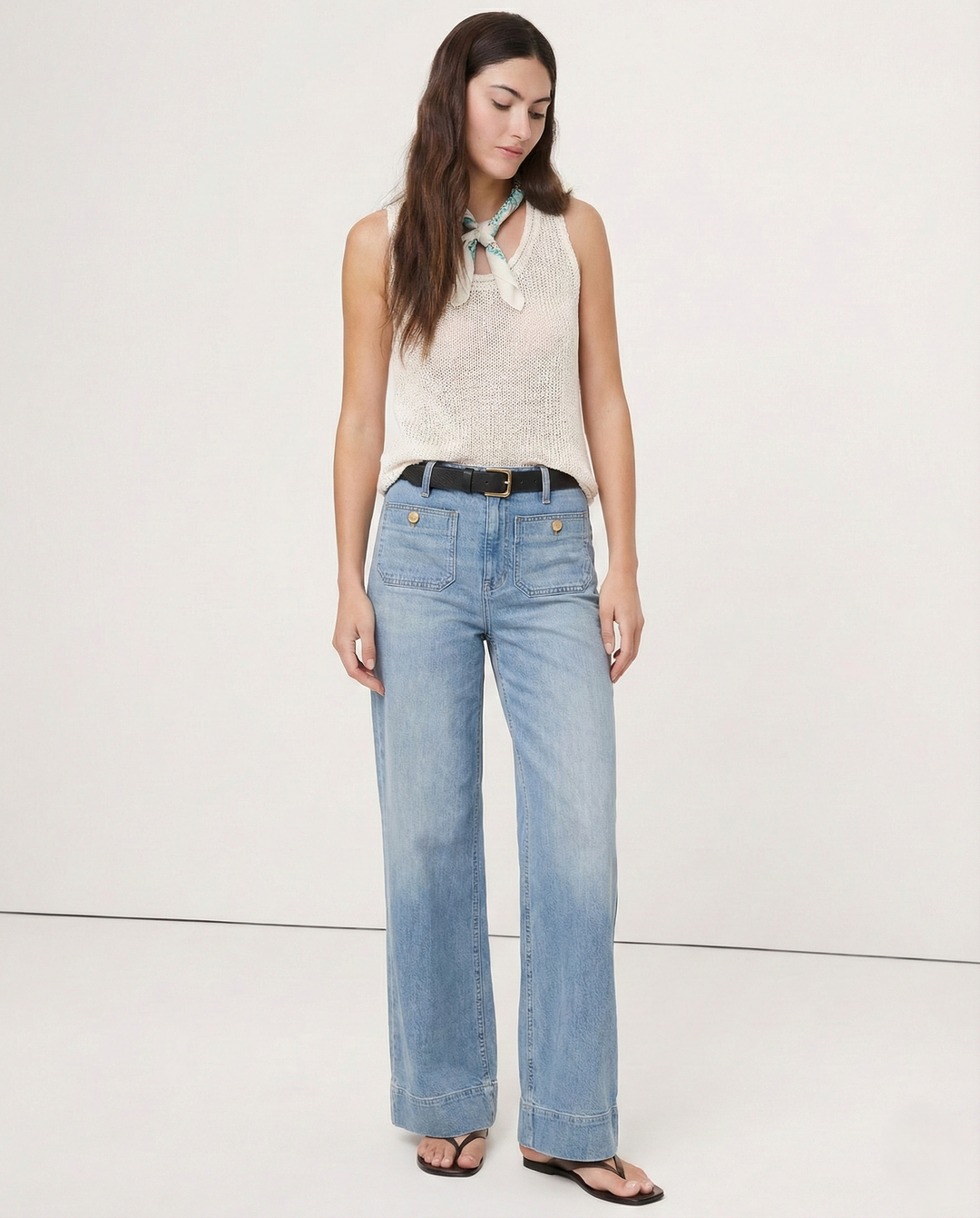 Wide-Leg Jeans with Front Button Pockets, High-Waisted Cypress Cotton Denim