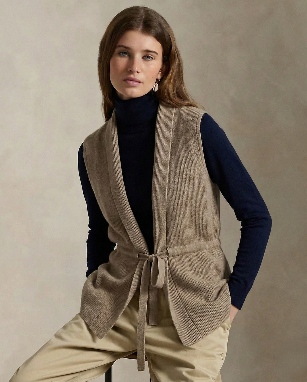 Merino Wool and Cashmere Blend Knit Vest with Adjustable Waist Tie and Slim Fit