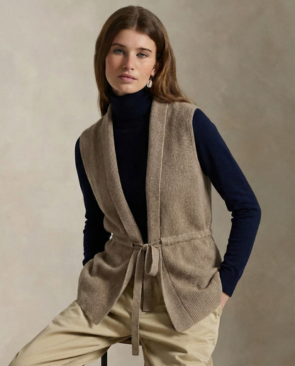 Merino Wool and Cashmere Blend Knit Vest with Adjustable Waist Tie and Slim Fit