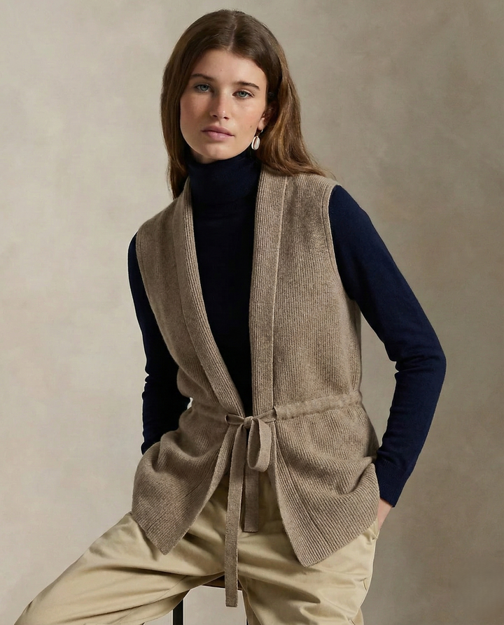 Merino Wool and Cashmere Blend Knit Vest with Adjustable Waist Tie and Slim Fit
