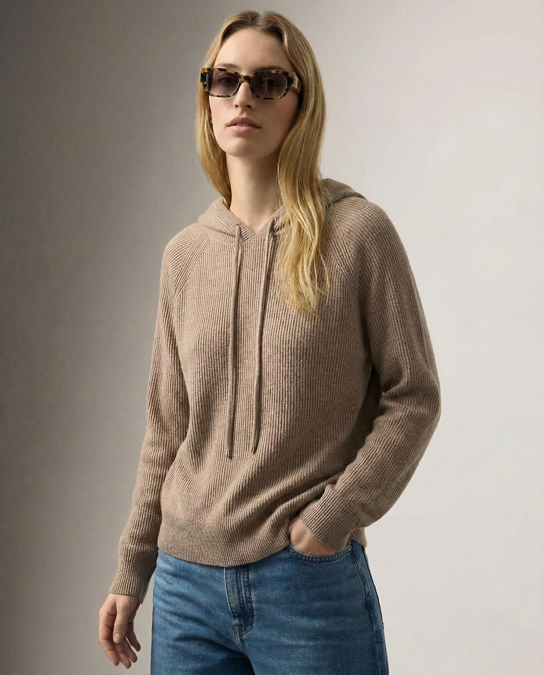 Hoodie in Cashmere and Merino Wool Blend with Relaxed Fit and Adjustable Drawstrings