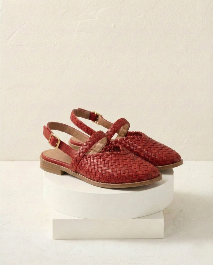 Woven Slingback Flats with Pointed Toe, Adjustable Ankle Strap and Low-Profile Sole, Brown