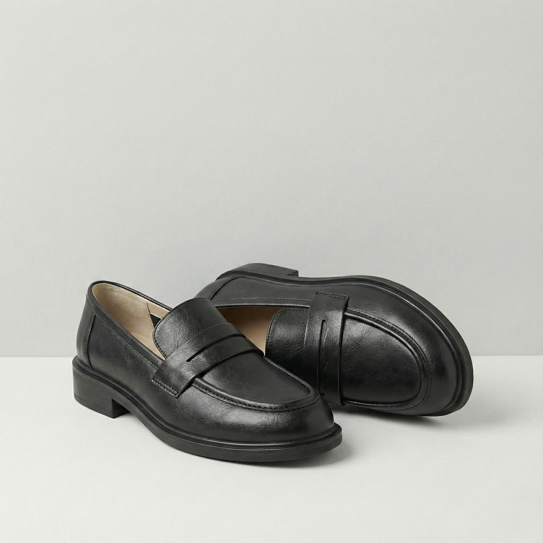 Round Toe Leather Loafers with Cushioned Support and Stacked Heel in Olive