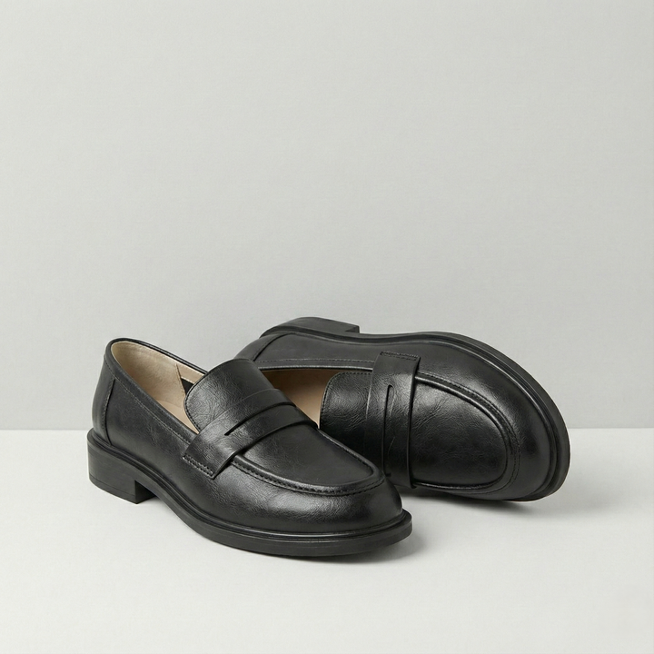 Round Toe Leather Loafers with Cushioned Support and Stacked Heel in Olive