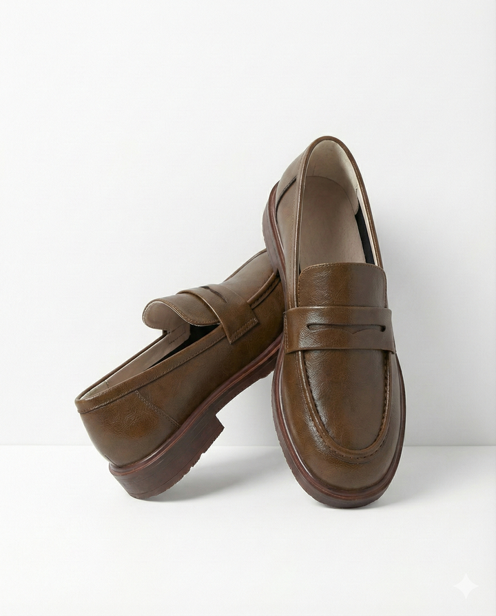 Round Toe Leather Loafers with Cushioned Support and Stacked Heel in Olive