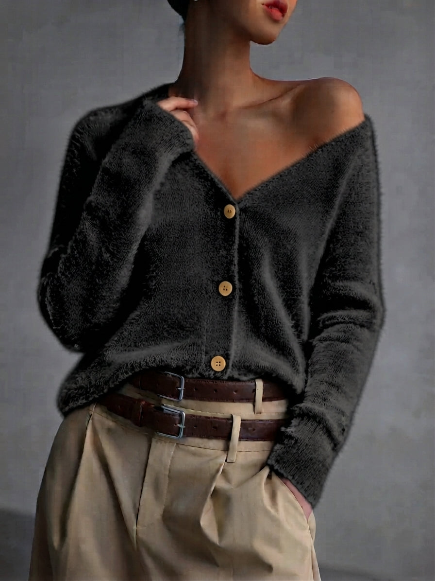 Soft Knit Women's Cardigan – Imitation Mink Button-Up Relaxed Fit