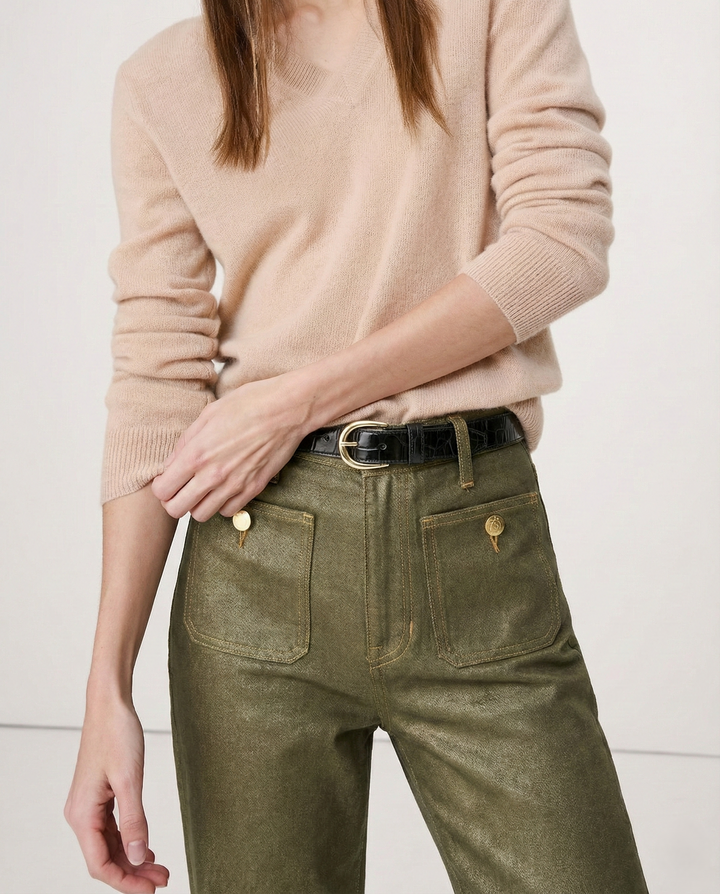 Wide-Leg Jeans with Front Button Pockets, High-Waisted Cypress Cotton Denim