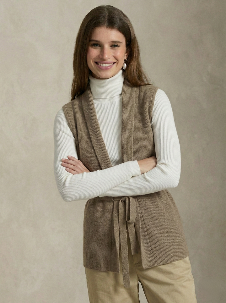 Merino Wool and Cashmere Blend Knit Vest with Adjustable Waist Tie and Slim Fit