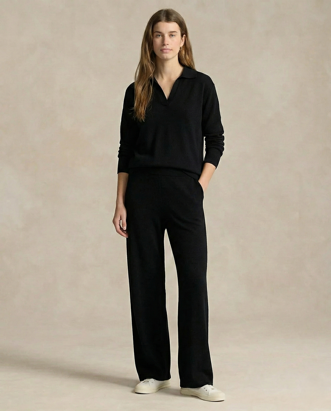 Two-Piece Polo Knit Set with Cashmere Blend Sweater and High-Waisted Harem Pants