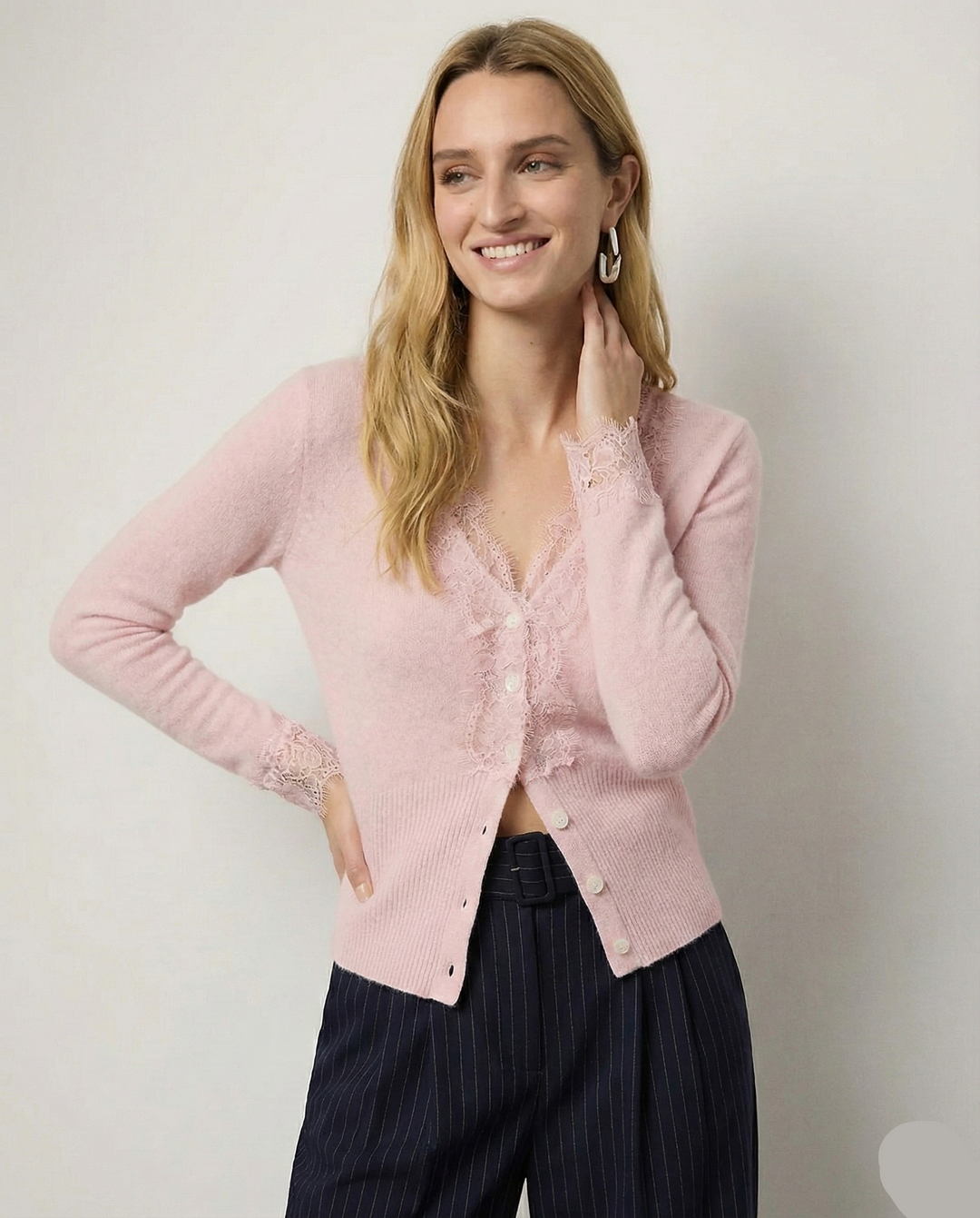 Cashmere Cardigan with Lace-Trim Detail and Relaxed Knit Fit in Khaki