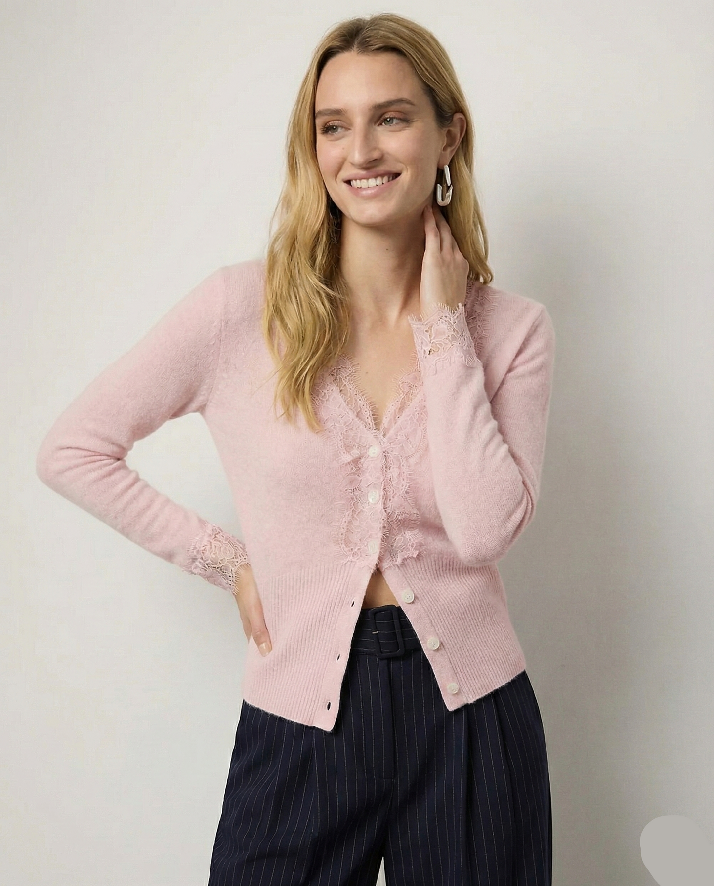 Cashmere Cardigan with Lace-Trim Detail and Relaxed Knit Fit in Khaki
