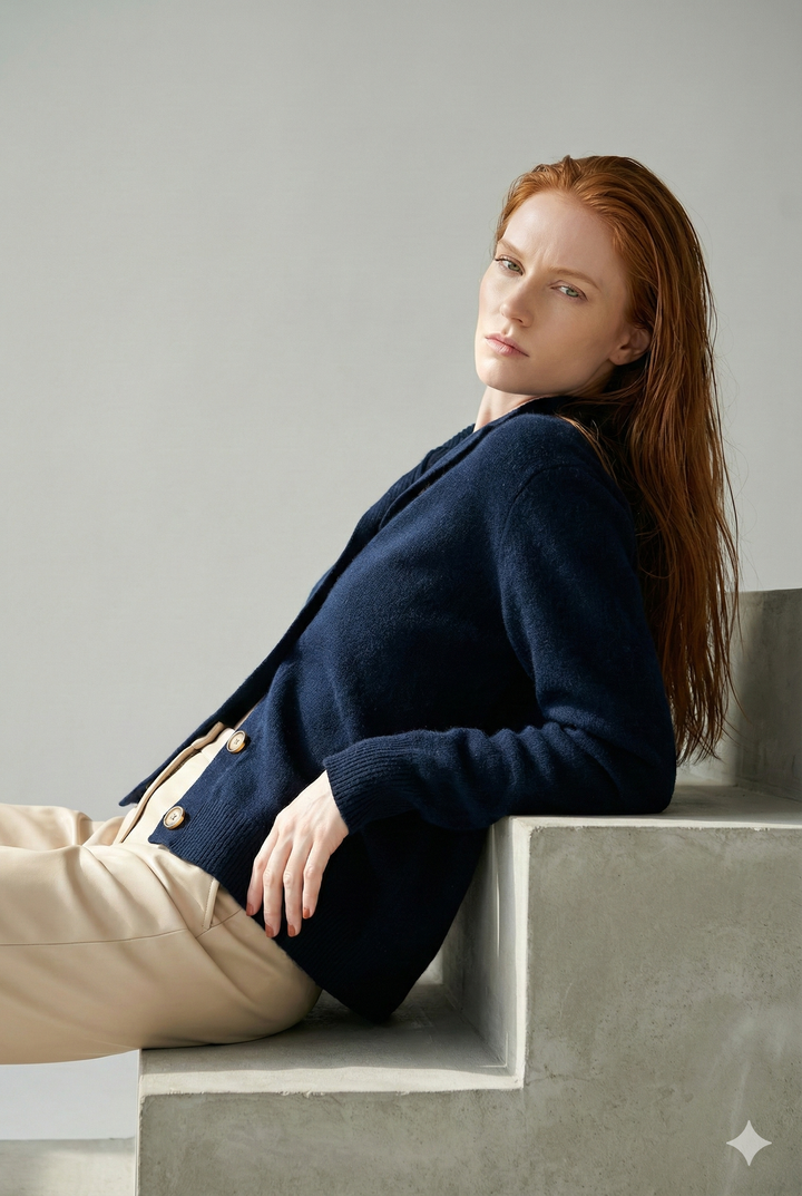 Cardigan in Cashmere Wool Blend with Statement Buttons and Flattering Half-High Neckline
