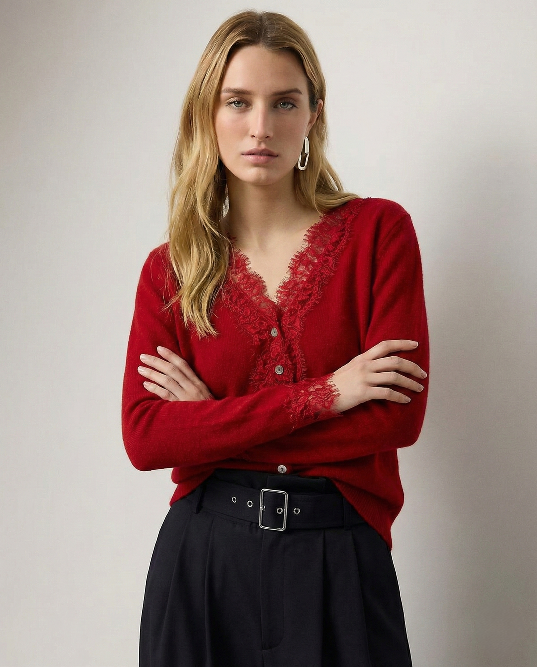 Cashmere Cardigan with Lace-Trim Detail and Relaxed Knit Fit in Khaki