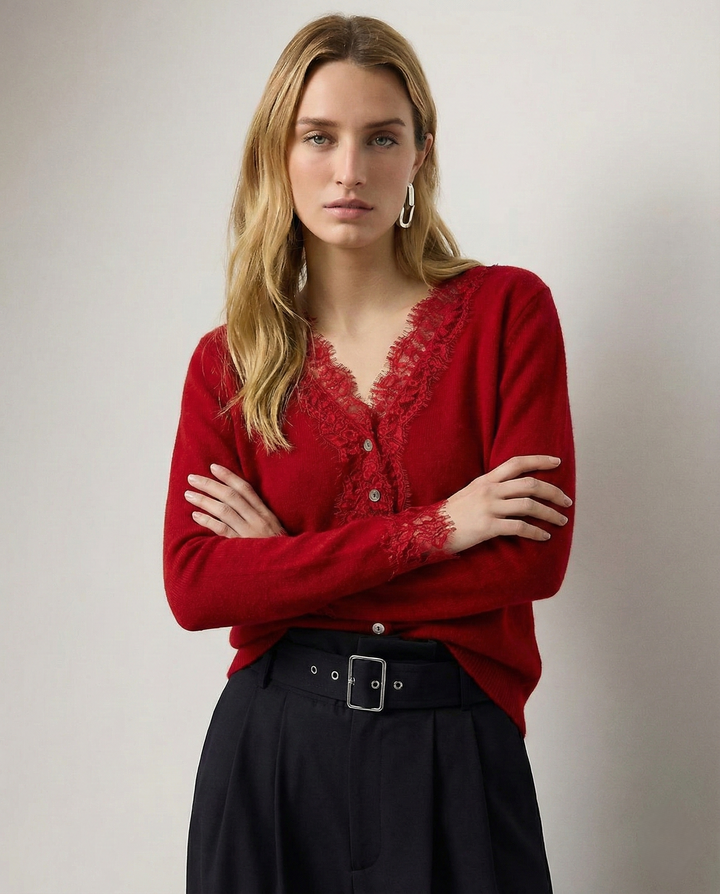 Cashmere Cardigan with Lace-Trim Detail and Relaxed Knit Fit in Khaki