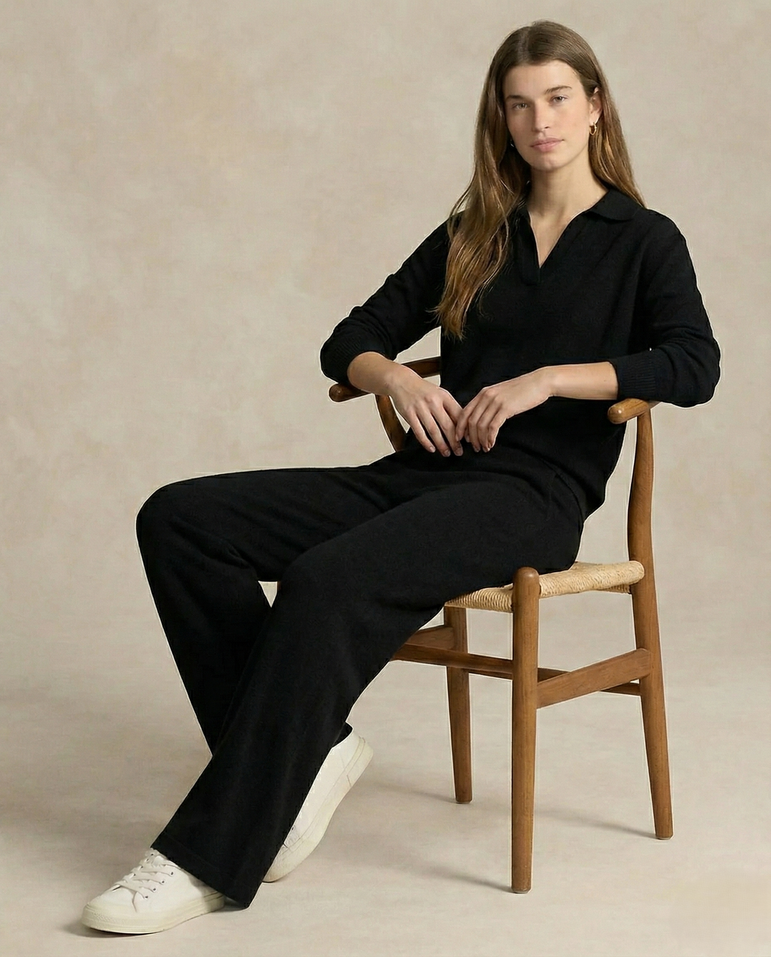 Two-Piece Polo Knit Set with Cashmere Blend Sweater and High-Waisted Harem Pants