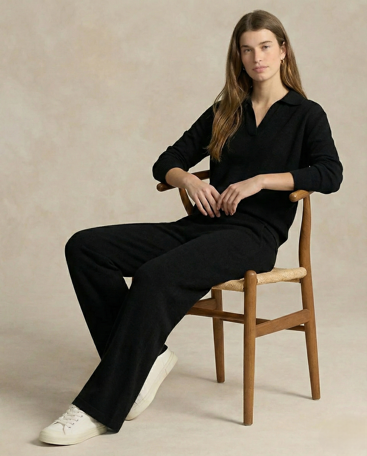 Two-Piece Polo Knit Set with Cashmere Blend Sweater and High-Waisted Harem Pants