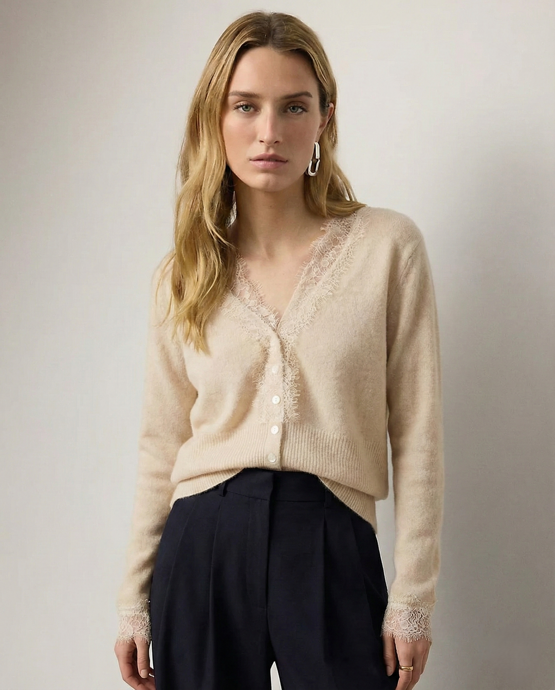 Cashmere Cardigan with Lace-Trim Detail and Relaxed Knit Fit in Khaki