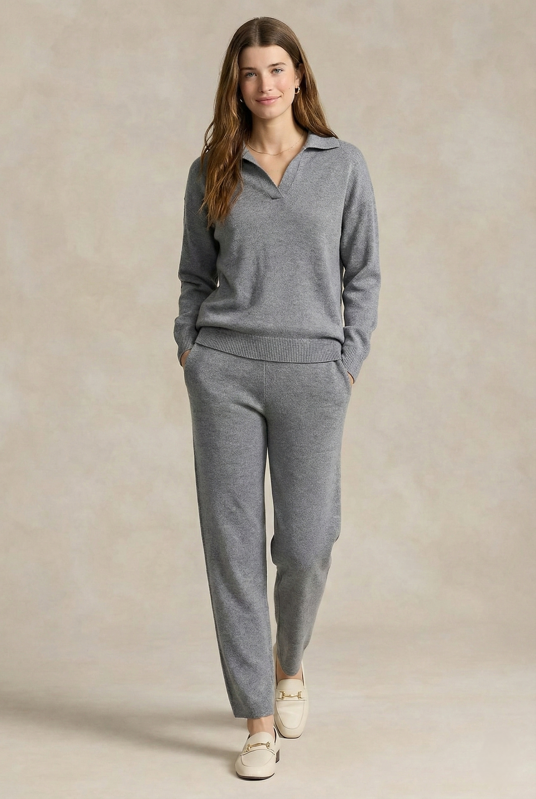 Two-Piece Polo Knit Set with Cashmere Blend Sweater and High-Waisted Harem Pants