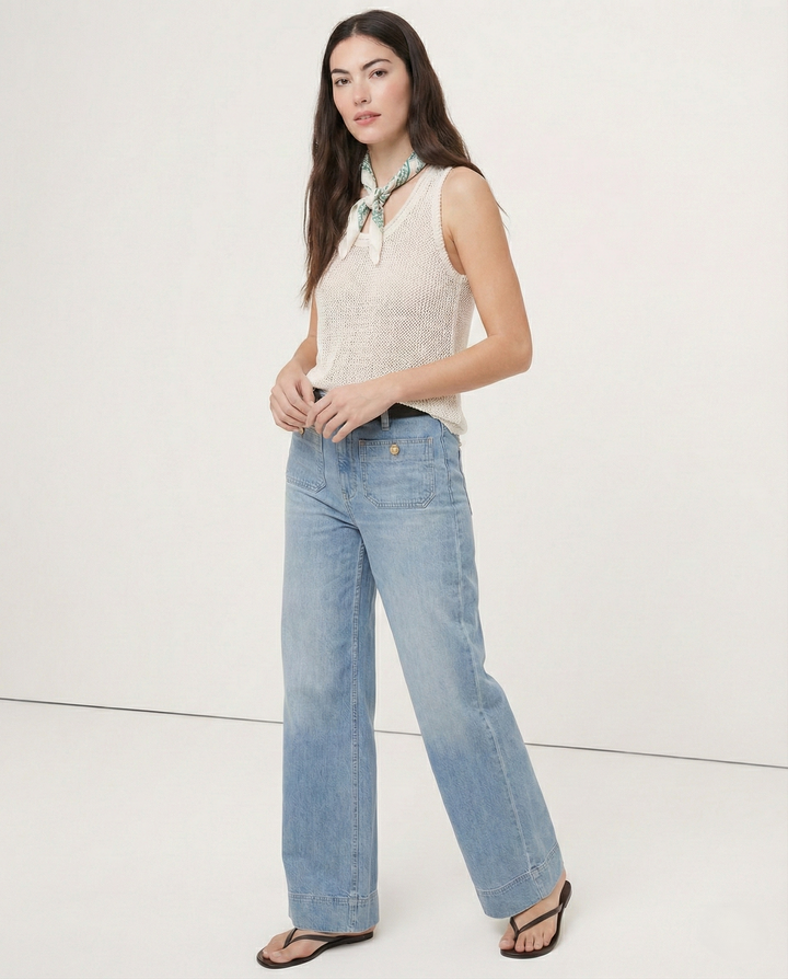 Wide-Leg Jeans with Front Button Pockets, High-Waisted Cypress Cotton Denim