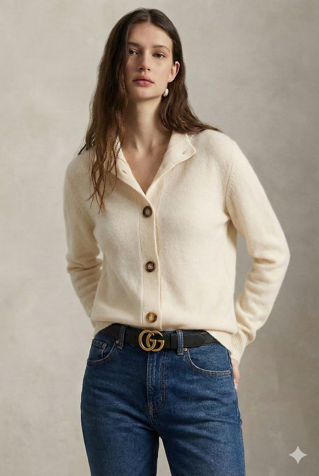 Cardigan in Cashmere Wool Blend with Statement Buttons and Flattering Half-High Neckline