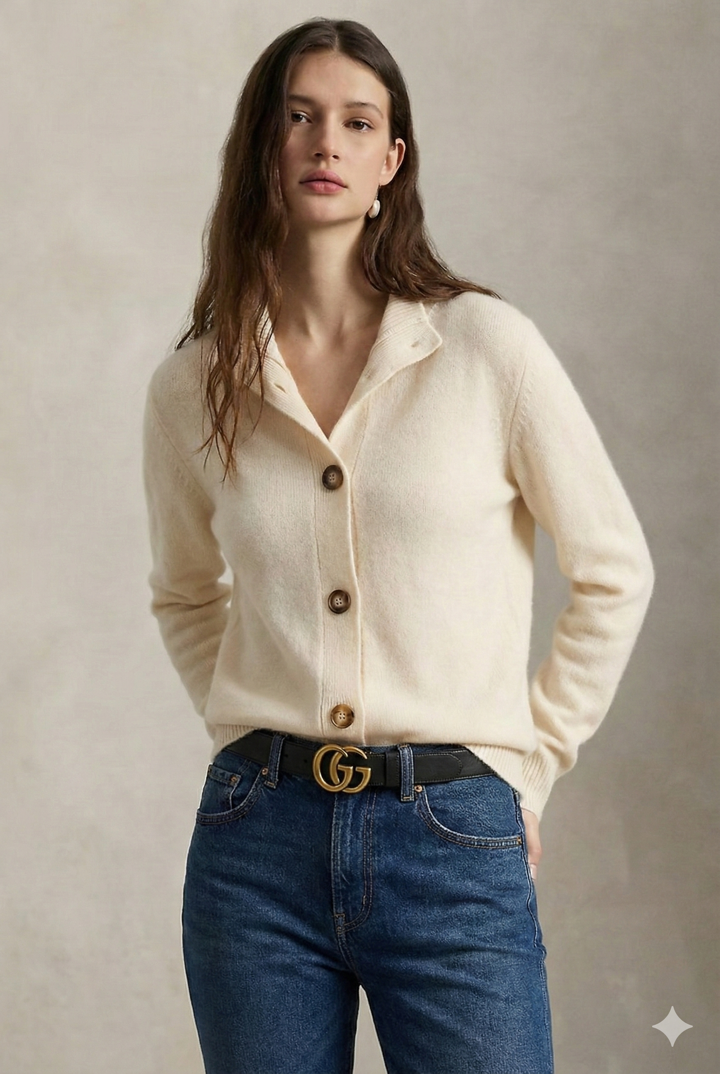 Cardigan in Cashmere Wool Blend with Statement Buttons and Flattering Half-High Neckline